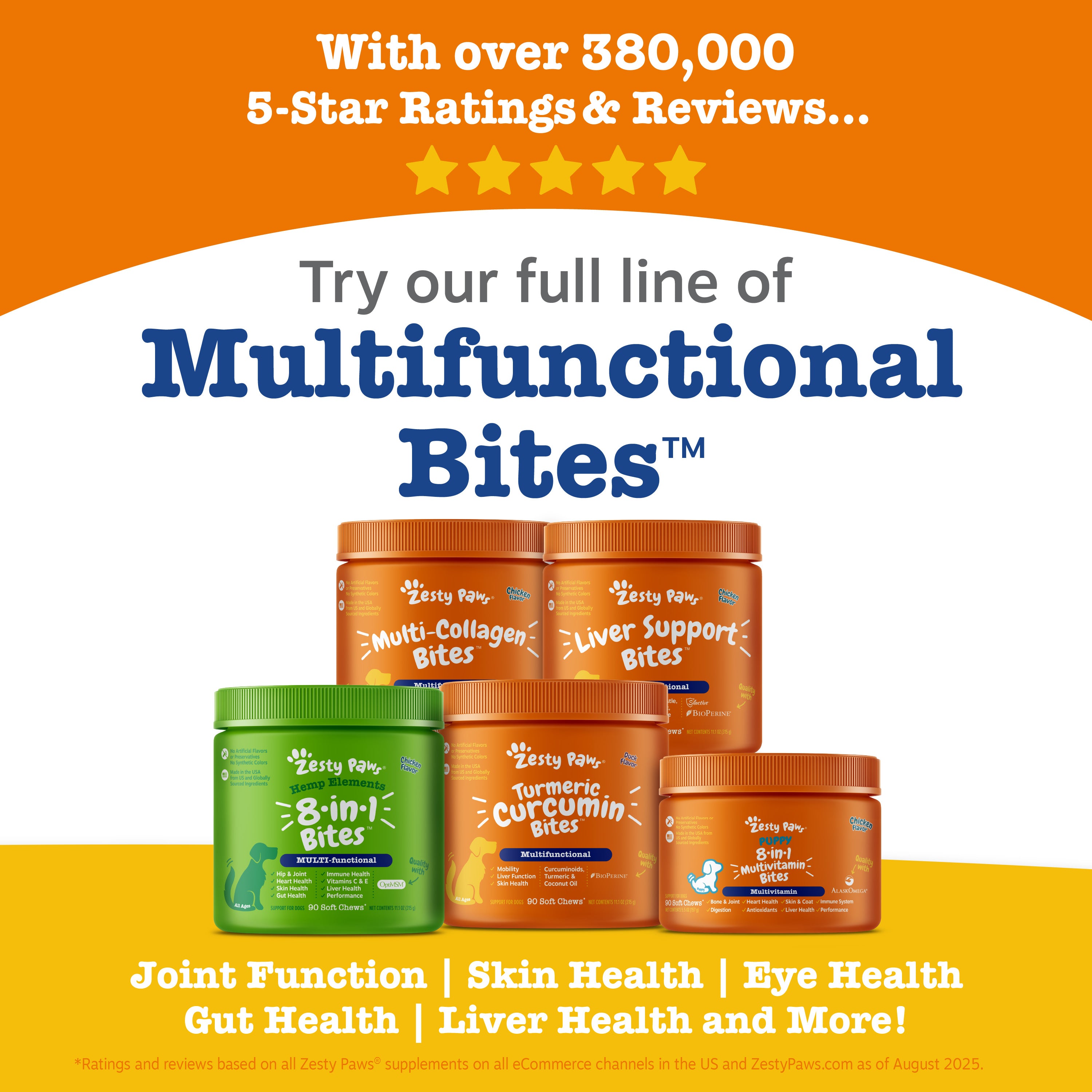 Collection of Zesty Paws dog vitamin bite bottles in green and orange containers with five-star rating display.
