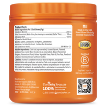 Orange jar of dog supplement chews with white product facts label and certification badges on front.