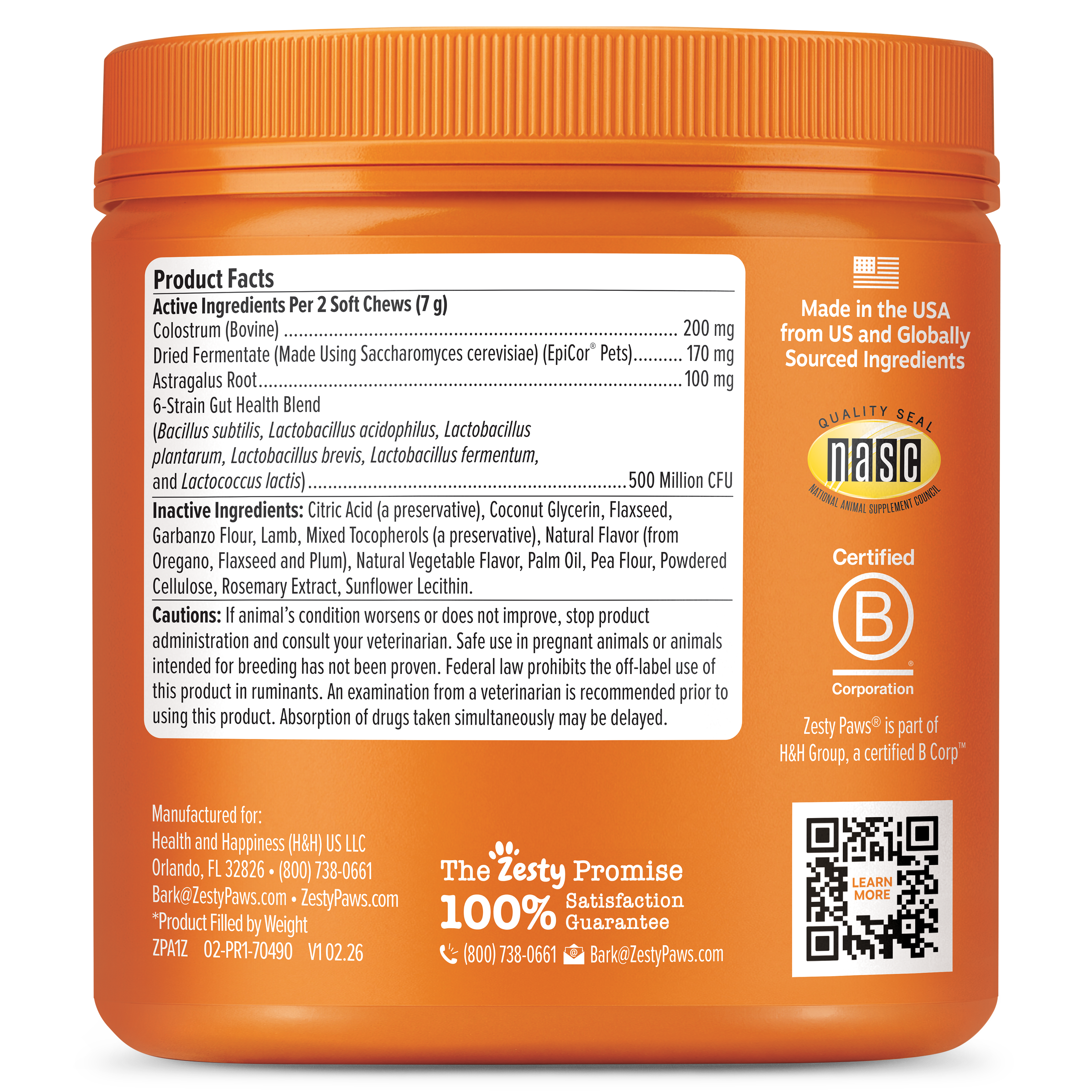 Orange jar of dog supplement chews with white product facts label and certification badges on front.
