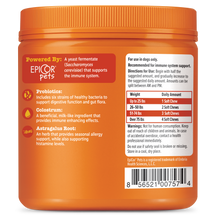 Orange container of Epicor Pets dog supplement with label showing ingredients, dosage chart, and warnings.