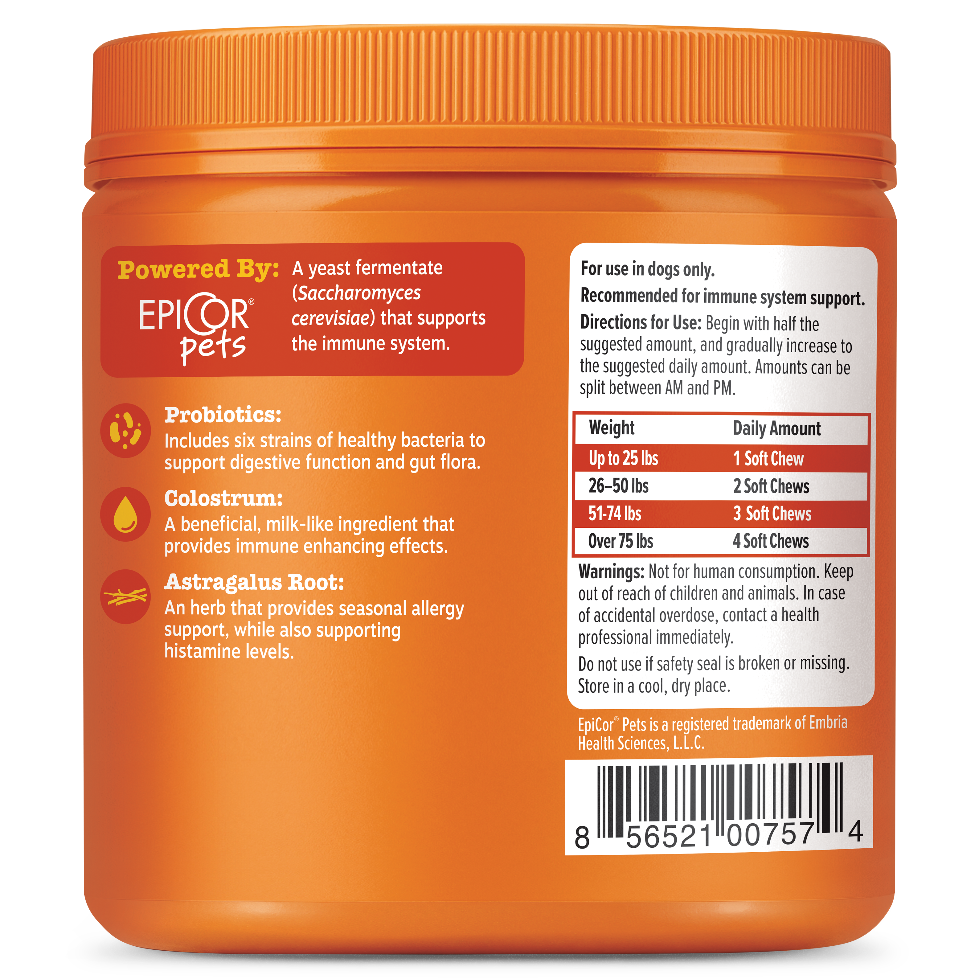 Orange container of Epicor Pets dog supplement with label showing ingredients, dosage chart, and warnings.