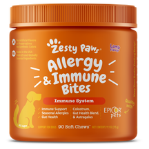 Orange jar of Zesty Paws Allergy & Immune Bites for dogs on a transparent background