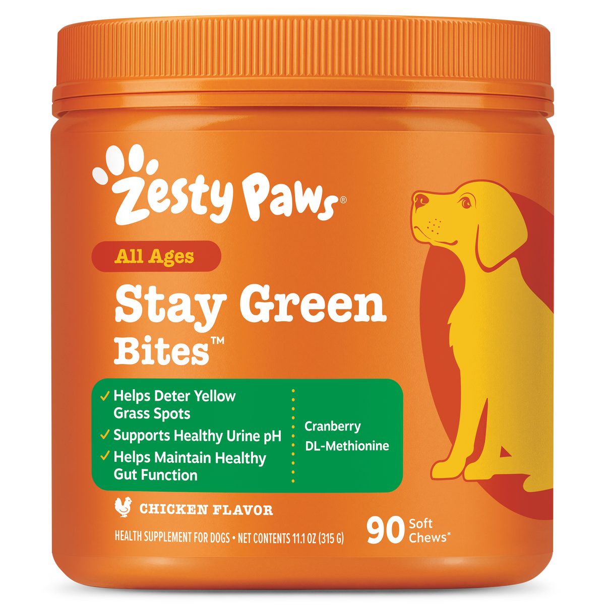 Orange jar of Zesty Paws Stay Green Bites dog supplement with yellow dog illustration and green label listing benefits.