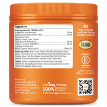 Orange jar of dog chews with product facts label, ingredient list, and certification badges on container.