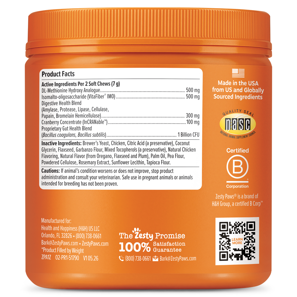 Orange jar of dog chews with product facts label, ingredient list, and certification badges on container.
