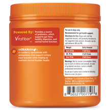 Orange plastic jar with ridged lid containing dog soft chews, labeled with ingredient information and dosage guidelines.