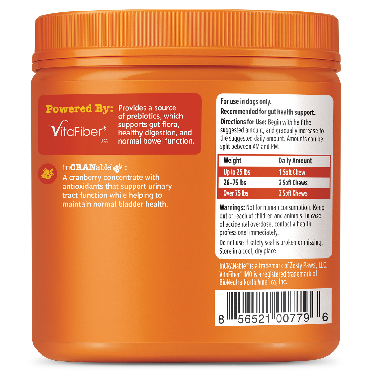 Orange plastic jar with ridged lid containing dog soft chews, labeled with ingredient information and dosage guidelines.