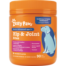 Orange Zesty Paws jar of Senior Advanced Hip & Joint Bites for dogs ages 7+, 90 soft chews with chicken flavor.