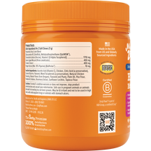 Orange jar with white label showing product facts, ingredients, and certifications for senior dog joint supplement chews.