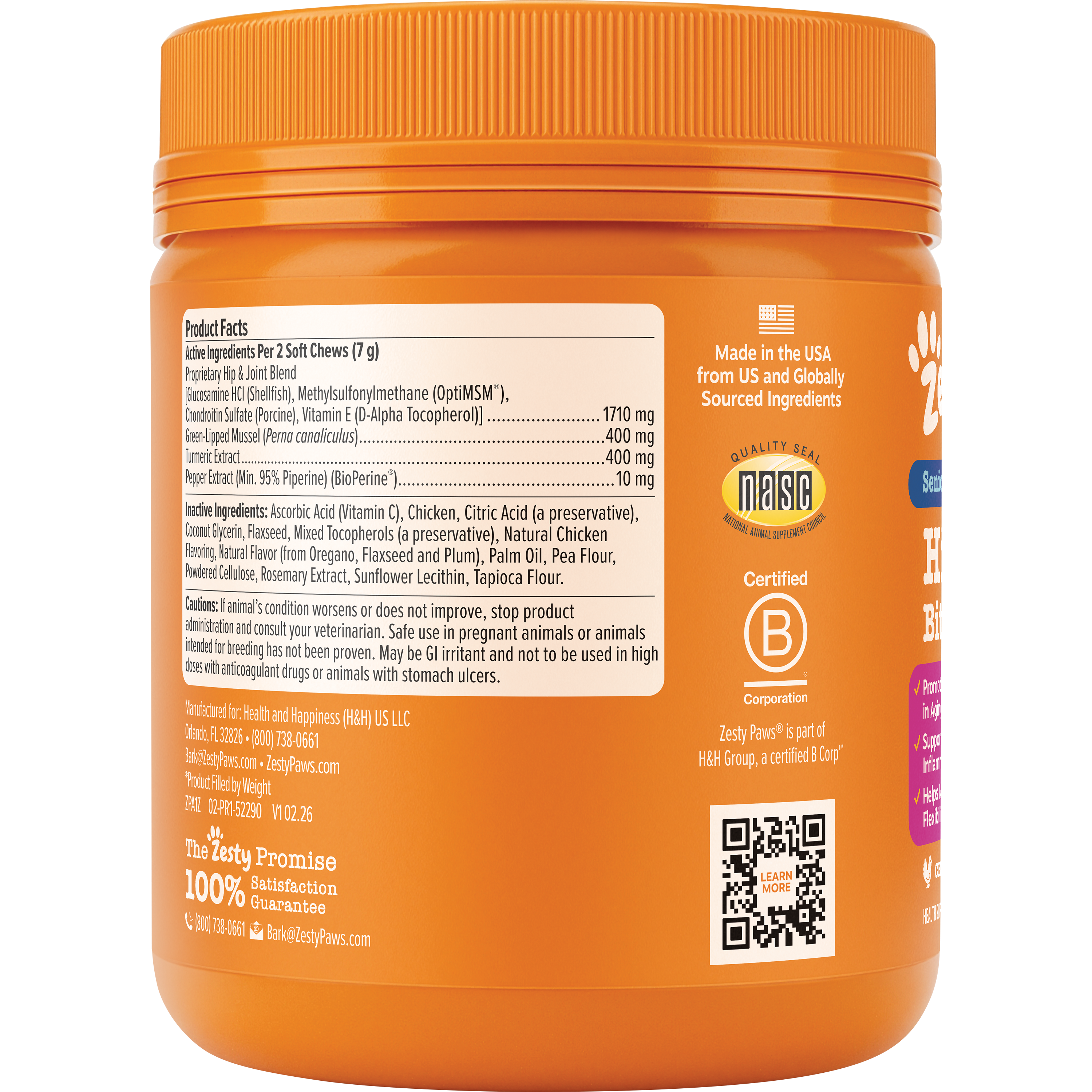 Orange jar with white label showing product facts, ingredients, and certifications for senior dog joint supplement chews.