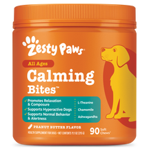 Orange jar of Zesty Paws Calming Bites dog treats with peanut butter flavor, 90 soft chews, featuring yellow dog illustration