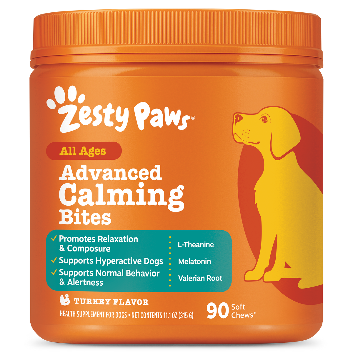Orange Zesty Paws bottle containing Advanced Calming Bites for dogs with yellow dog illustration and teal ingredient panel.