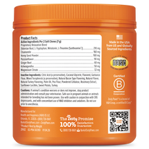 Orange jar with ridged lid containing dog calming supplement bites with ingredient and product information label.
