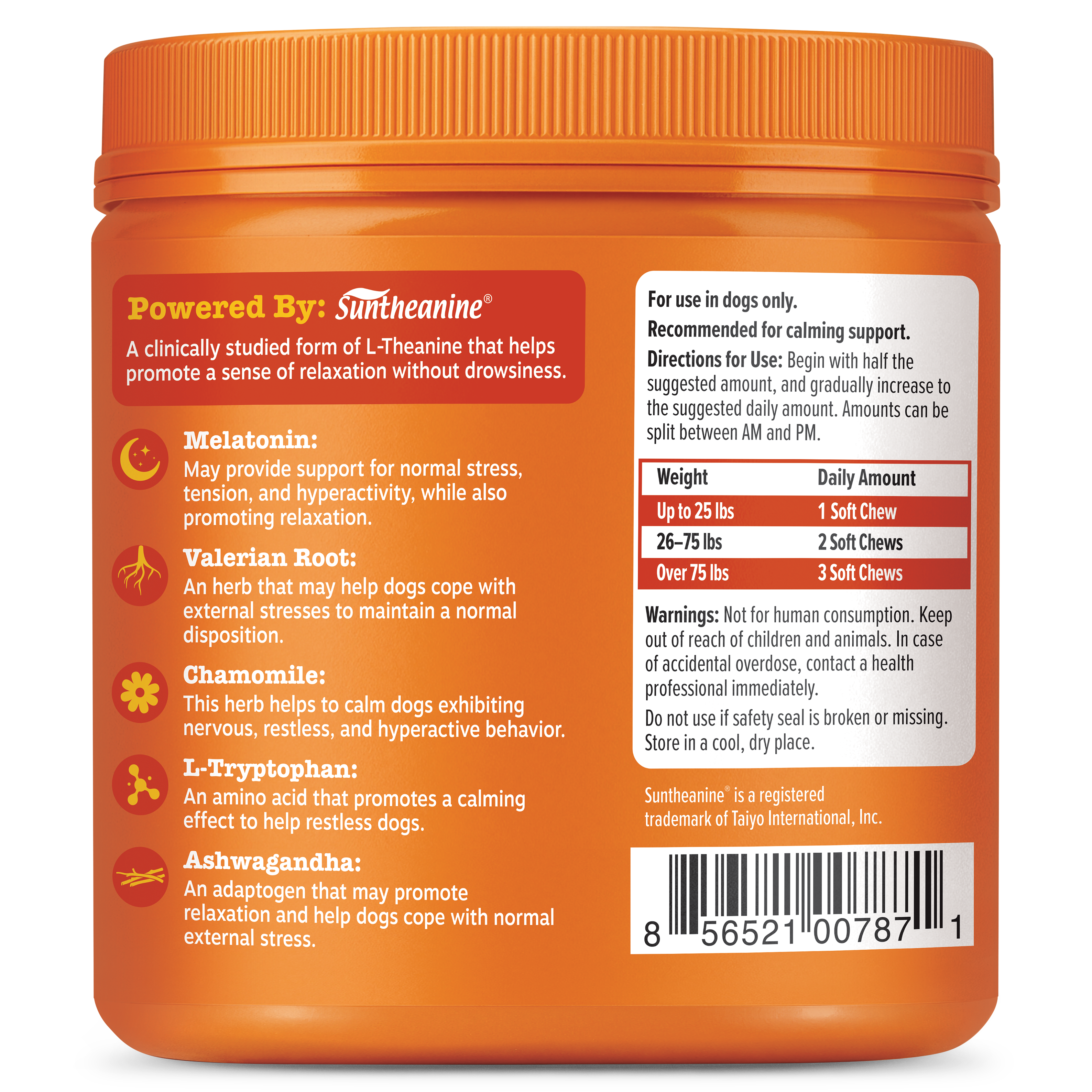 Orange plastic jar of dog calming soft chews with ingredient information and dosage chart on label.