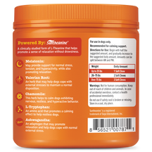 Orange jar of dog calming bites with red and white labels listing ingredients and dosage instructions.