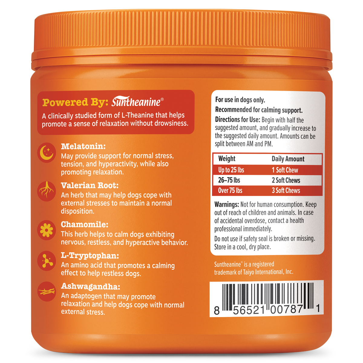 Orange jar of dog calming bites with red and white labels listing ingredients and dosage instructions.