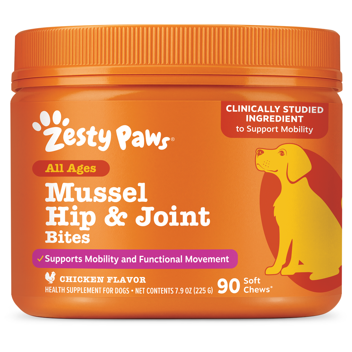 Orange Zesty Paws container of Mussel Hip & Joint Bites for dogs with yellow dog illustration and ridged orange lid.
