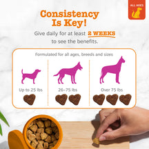 Instructional graphic showing dosage guidelines with dog silhouettes and heart-shaped treats for different weight ranges.
