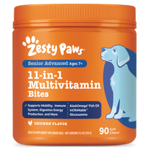 Orange container of Zesty Paws Senior Advanced 11-in-1 Multivitamin Bites with white text, blue accents, and illustration of 