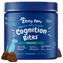 Blue jar of Zesty Paw Senior Advanced Cognition Bites with white text, paw logo, and brown soft chew treats displayed in fron