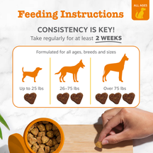 Feeding instructions chart showing dosage by dog weight with silhouettes and heart-shaped treats in orange bowl.