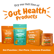Zesty Paw Hairball Bites cat treats in teal pouch with orange packaging for related gut health products displayed.