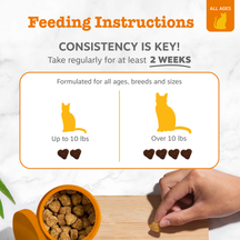 Feeding instructions for cat hairball treats showing dosage by weight and hand holding treat over bowl.