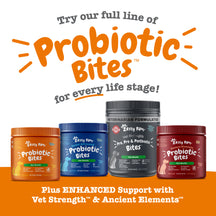 Four bottles of Zesty Paw probiotic bites in orange, blue, gray, and burgundy containers with white labels.