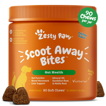 Orange jar of Zesty Paw Scoot Away Bites chicken flavor dog chews with brown soft chew pieces displayed in front.