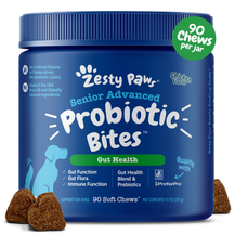 Blue jar of Zesty Paw Senior Advanced Probiotic Bites in chicken flavor with 90 soft chews displayed in front.