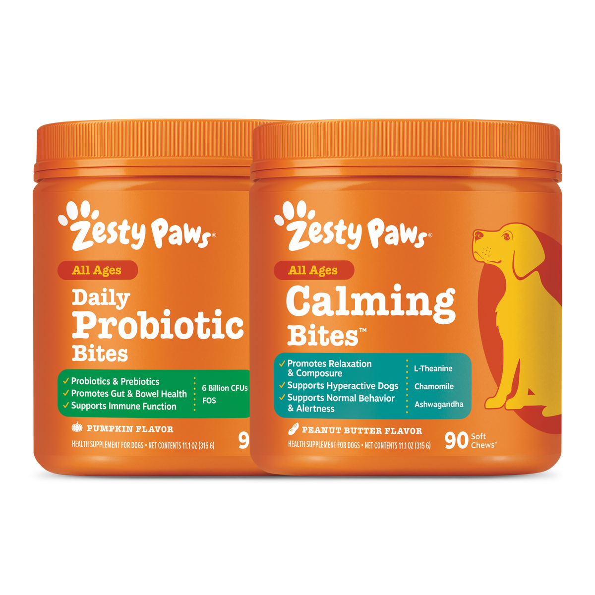 Two orange Zesty Paws jars containing Daily Probiotic Bites and Calming Bites for dogs with pumpkin and peanut butter flavors