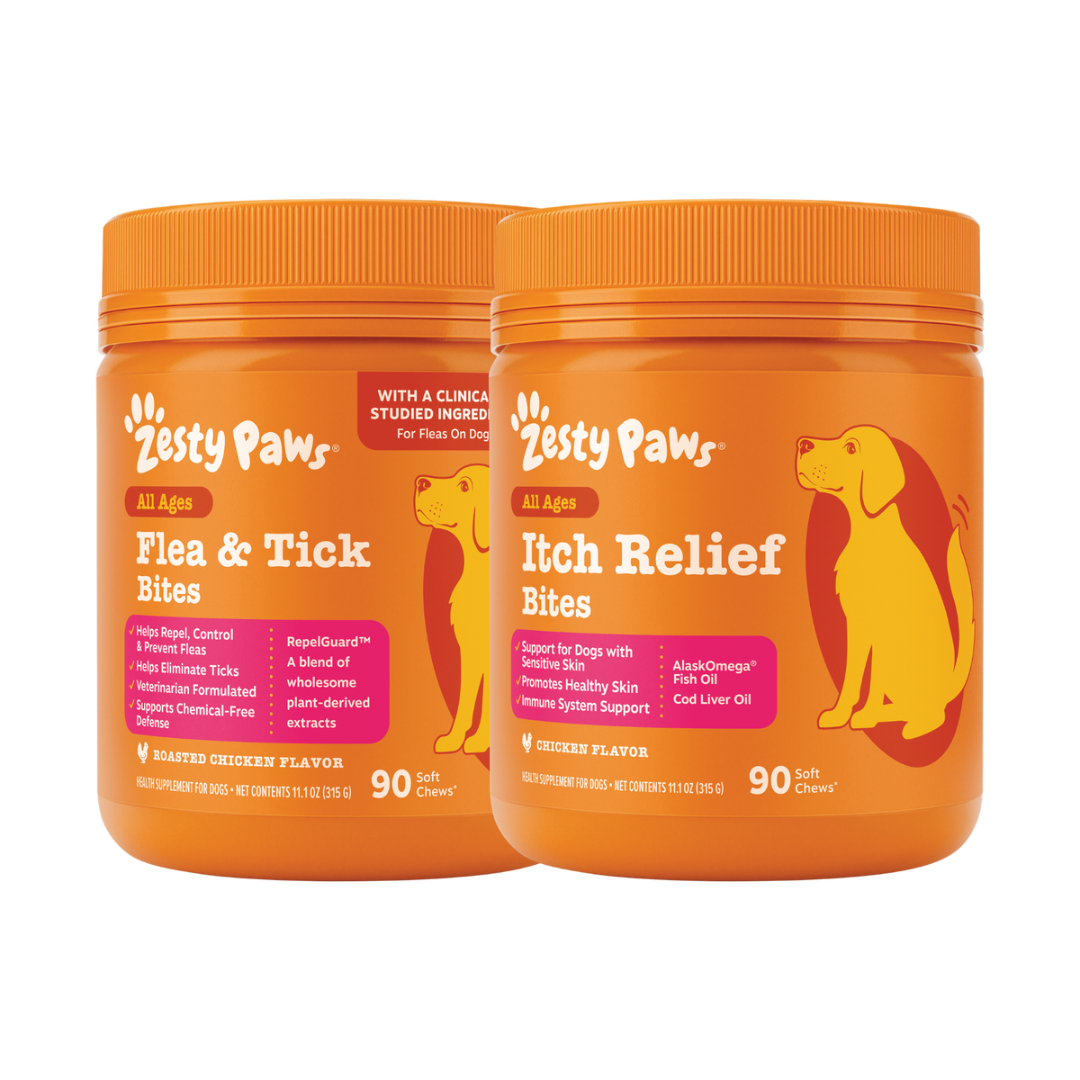 Two orange Zesty Paws jars containing 90 soft chews each: Flea & Tick Bites and Itch Relief Bites for dogs.