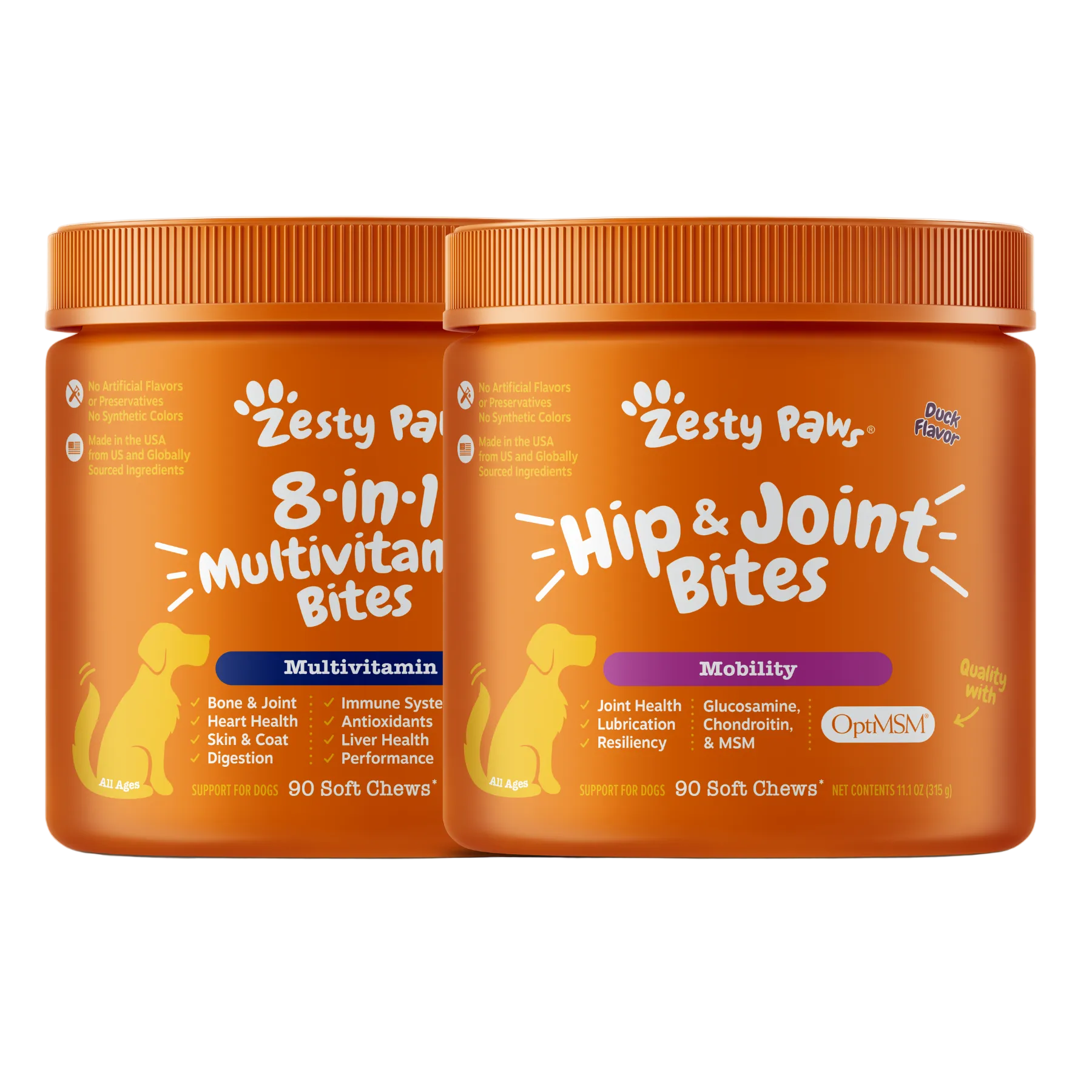 Two orange jars of Zesty Paws pet supplement on a white background