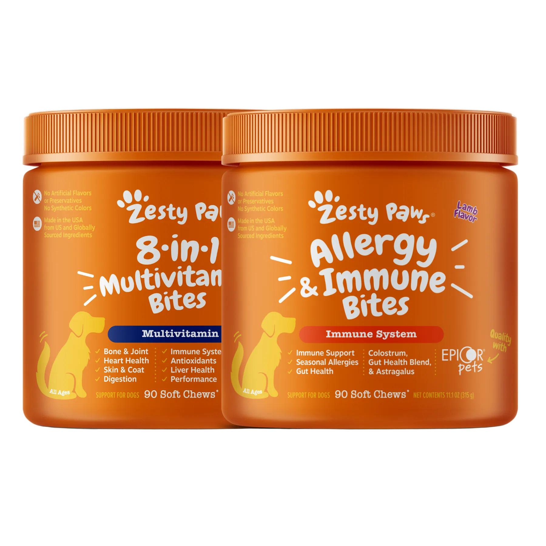 Two orange jars of Zesty Paw pet supplements on a white background