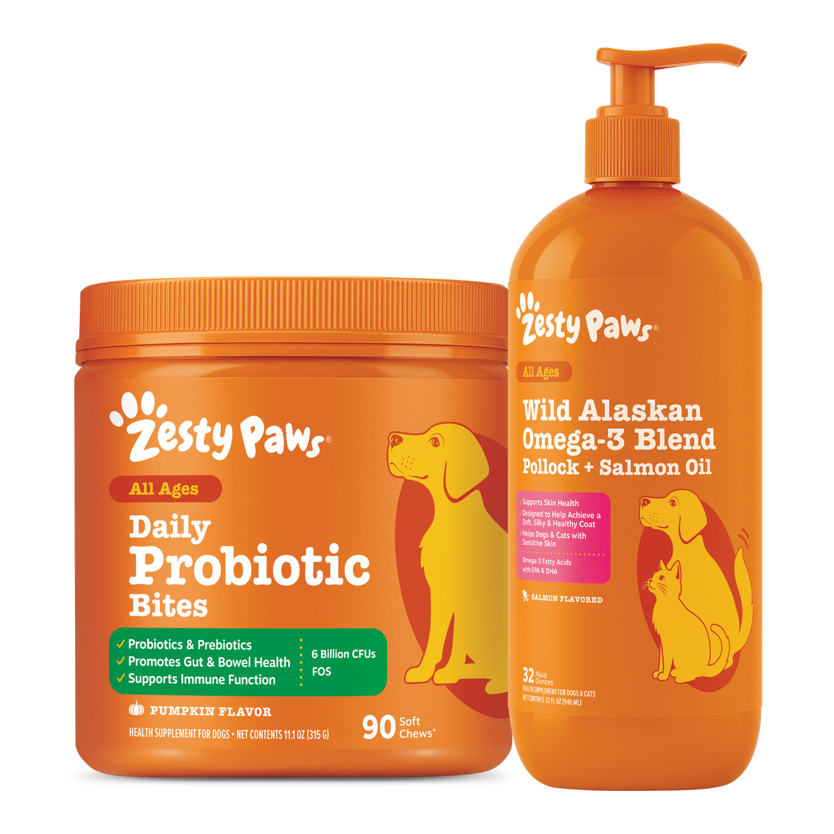 Two orange Zesty Paws dog supplement products: a jar of Daily Probiotic Bites and a bottle of Wild Alaskan Omega-3 Blend oil 