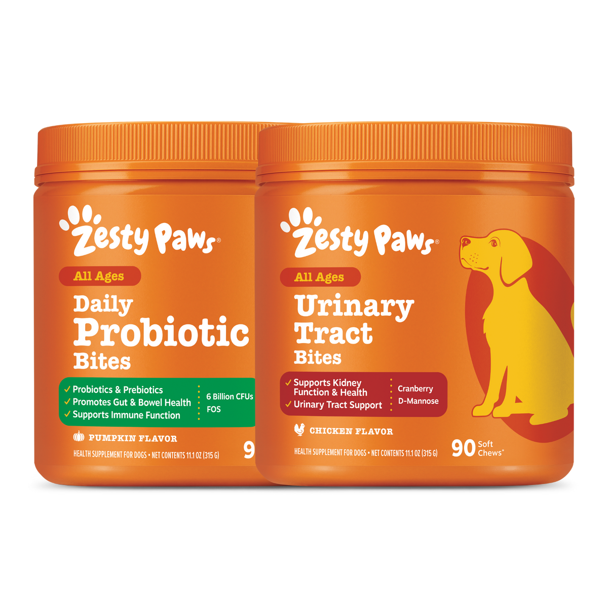 Two orange Zesty Paws supplement jars for dogs: Daily Probiotic Bites with pumpkin flavor and Urinary Tract Bites with chicke