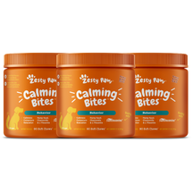 Three orange Zesty Paw Calming Bites bottles with white text and teal labels, each containing 90 soft chews.