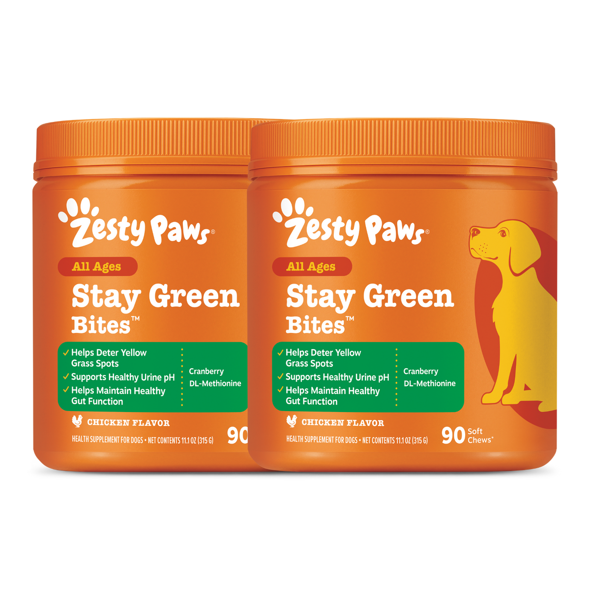 Two orange Zesty Paws Stay Green Bites containers with chicken flavor, 90 soft chews each, featuring a yellow dog illustratio