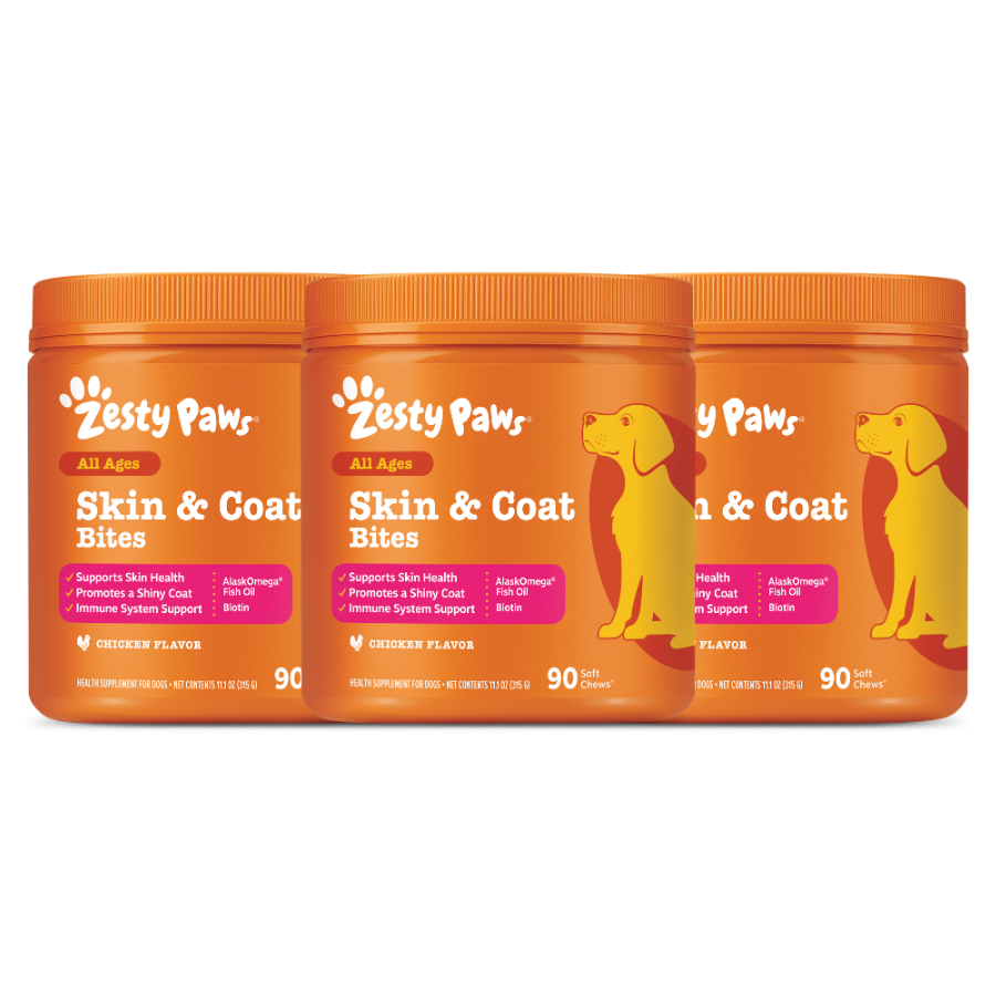 Three orange Zesty Paw Skin & Coat Bites jars with chicken flavor, 90 soft chews each, displayed side by side.