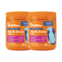 Two orange containers of Zesty Paws Senior Advanced Hip & Joint Bites with chicken flavor, 90 soft chews each.