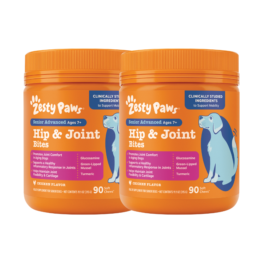 Two orange containers of Zesty Paws Senior Advanced Hip & Joint Bites with chicken flavor, 90 soft chews each.