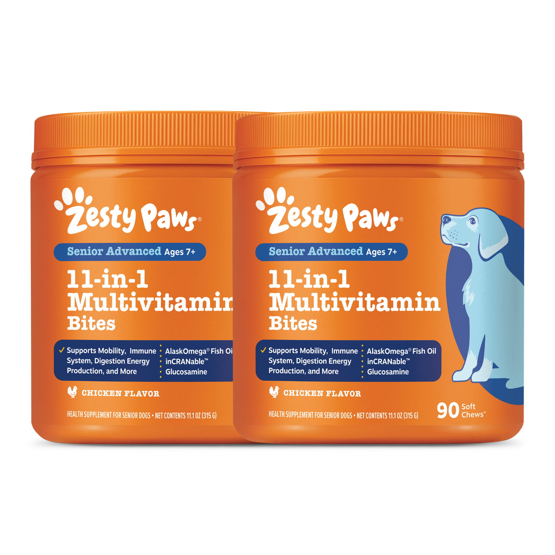 Two orange Zesty Paws containers of Senior Advanced 11-in-1 Multivitamin Bites for dogs ages 7+, chicken flavor, with 90 soft