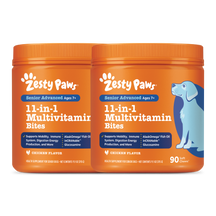 Two orange Zesty Paws containers of Senior Advanced 11-in-1 Multivitamin Bites for dogs ages 7+, chicken flavor, with 90 soft