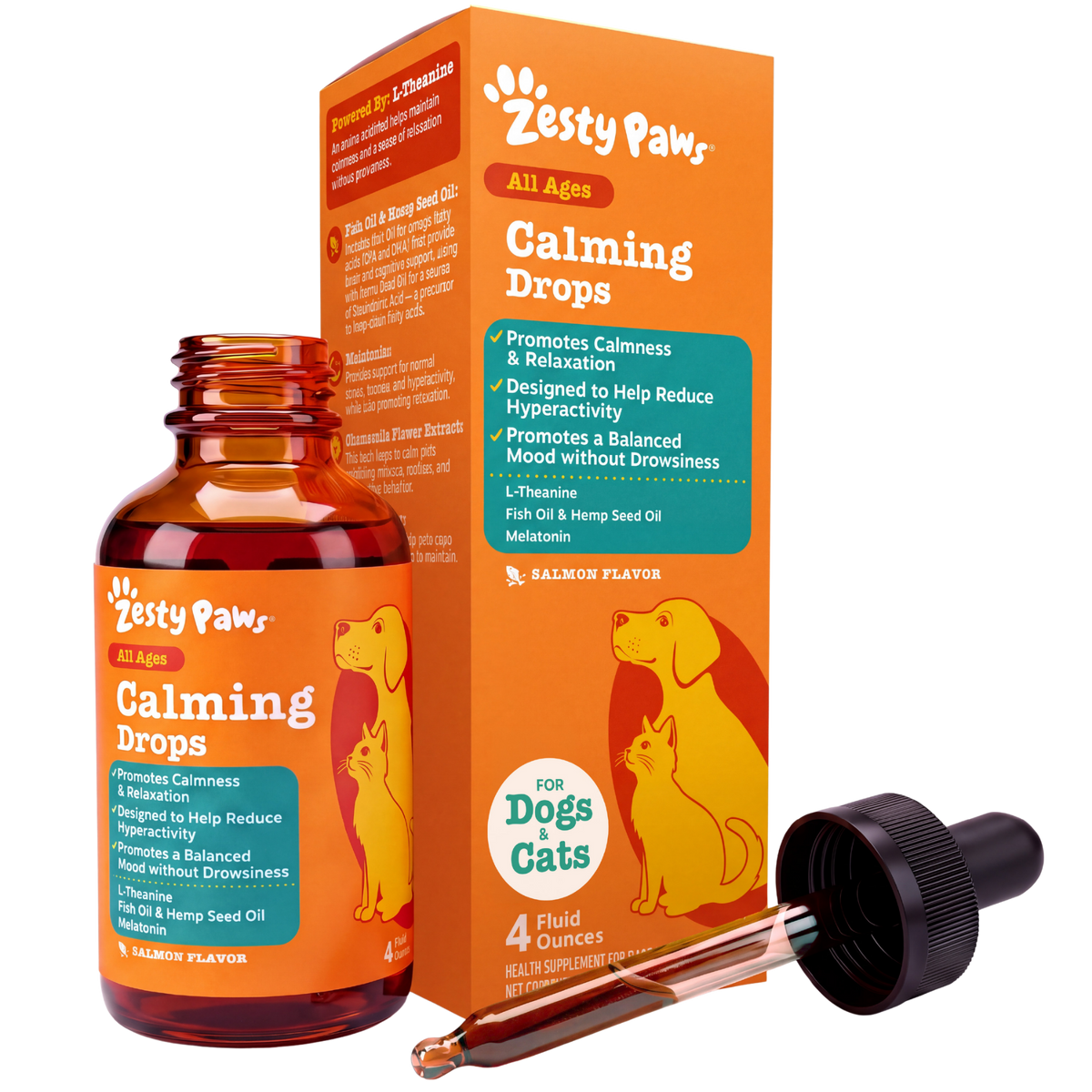 Zesty Paws Calming Drops bottle with orange packaging and dropper applicator for dogs and cats.