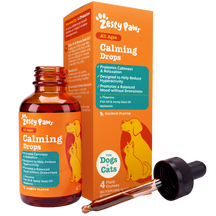 Zesty Paws Calming Drops bottle with orange packaging and dropper applicator for dogs and cats.