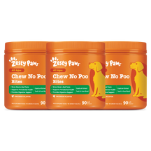 Three orange Zesty Paws Chew No Poo Bites containers with chicken flavor, 90 soft chews each, featuring a yellow dog illustra