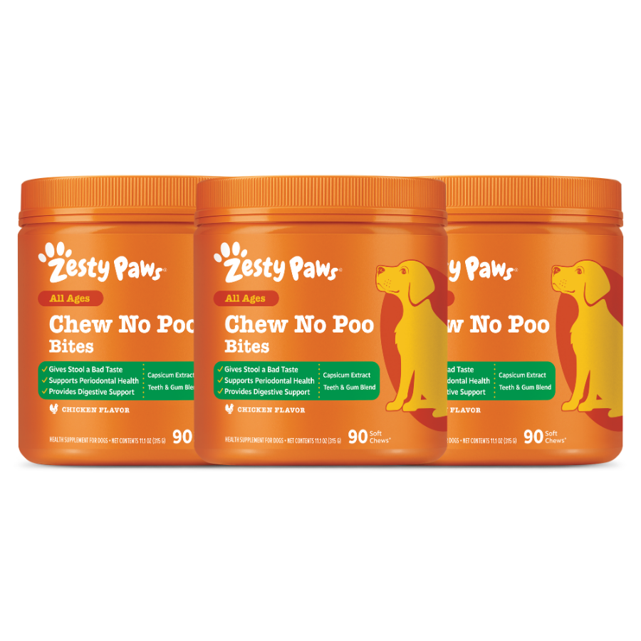 Three orange Zesty Paws Chew No Poo Bites containers with chicken flavor, 90 soft chews each, featuring a yellow dog illustra