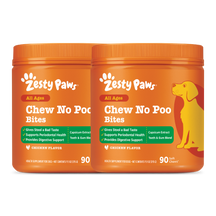Two orange Zesty Paws Chew No Poo Bites containers with chicken flavor, 90 soft chews each, featuring a yellow dog illustrati