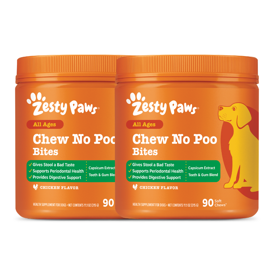 Two orange Zesty Paws Chew No Poo Bites containers with chicken flavor, 90 soft chews each, featuring a yellow dog illustrati