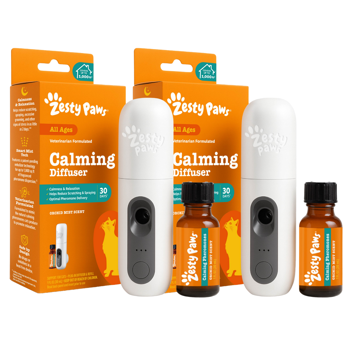Two white ultrasonic diffusers with black buttons and two amber bottles of calming solution with black caps, displayed with o